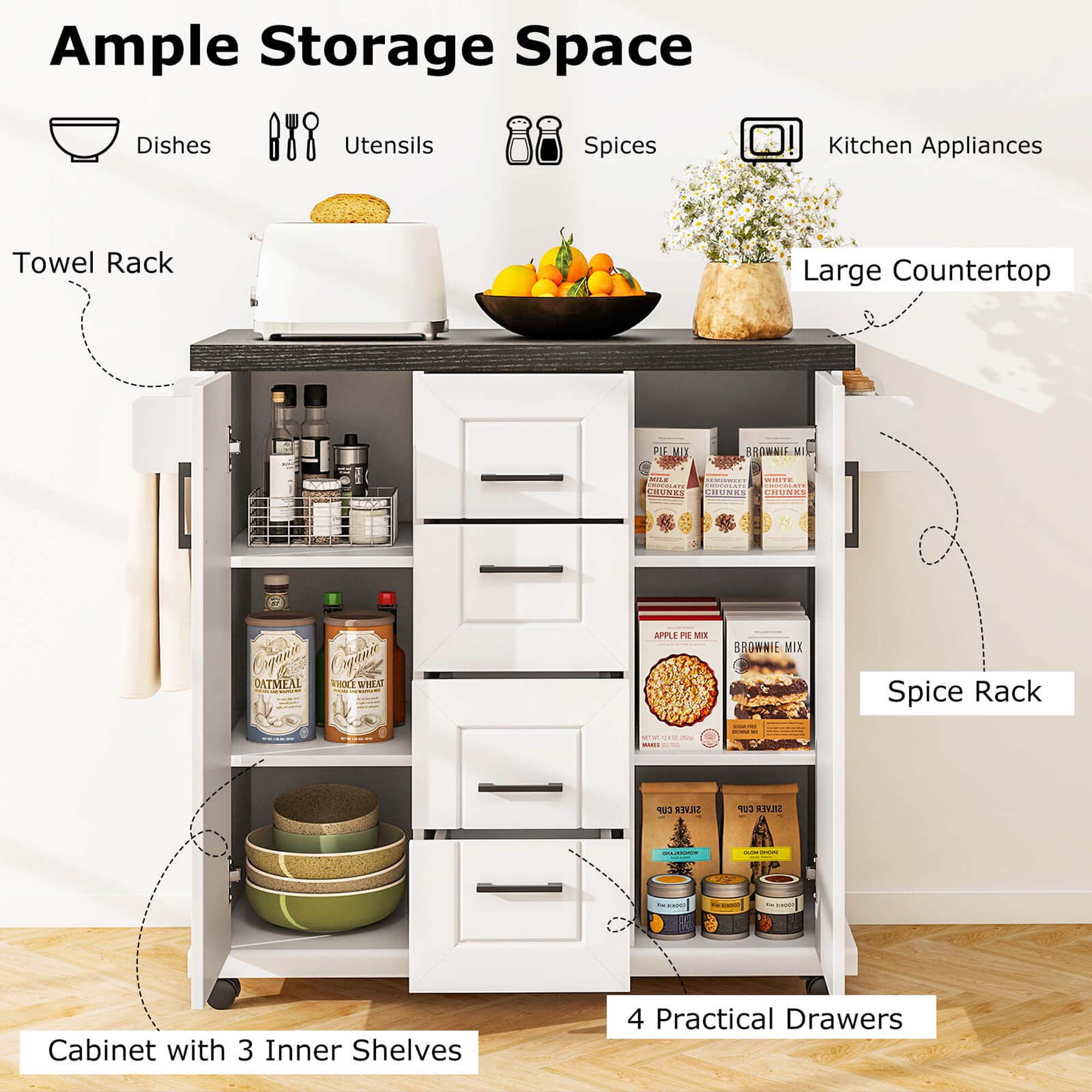 Costway Rolling Kitchen Island Cart on Wheels Mobile Serving Utility Trolley Cart
