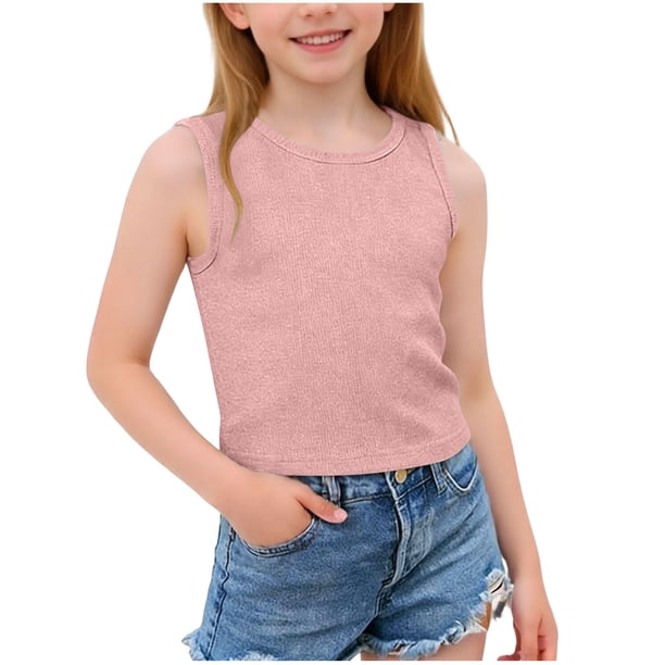 Camiseta de tirantes de cuello redondo para niños, primavera y verano, color liso, mangas abullonadas, manga corta, cuello redondo, camiseta para niños, camiseta de poliéster para niños.
