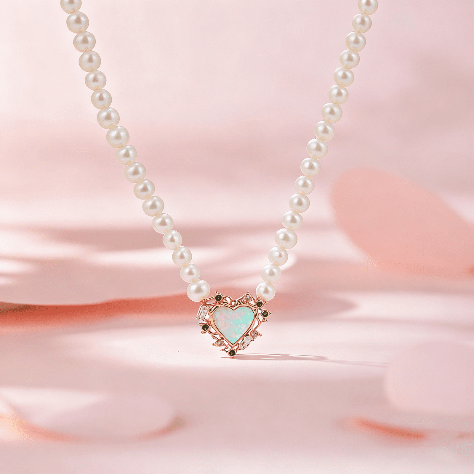 Pearl & Opal Heart Necklace with Zirconia, 14K Gold Plated 925 Sterling Silver,Adjustable Chain Romantic Birthstone Jewelry Gift for Women