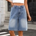 thumbnail image 5 of PWPSG Womens High Waist Denim Bermuda Shorts, Wide Leg Cut with Frayed Hem, Washed Vintage Fabric for Street Style Outfits Blue S, 5 of 7