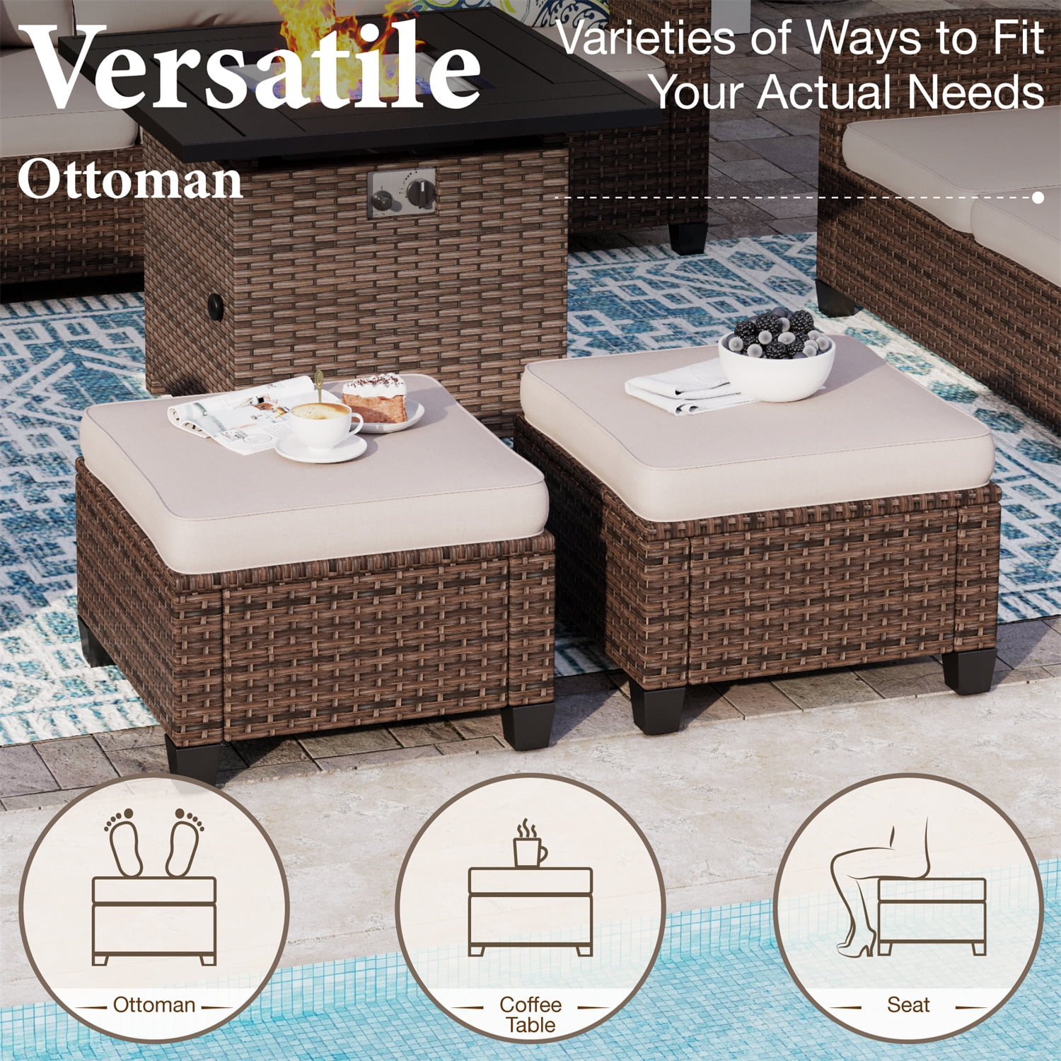 MF Studio 9-Seat Outdoor Patio Furniture Set with Fire Pit Table Wicker Patio Conversation Set Beige