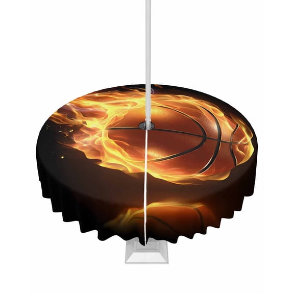 Outdoor Tablecloth with Umbrella Hole and Zipper Flame Basketball Round Tablecloths 60 Inch Waterproof Table Cloths Sports Black Patio Table Cover for Outdoor Tables Picnic BBQS Party Decor