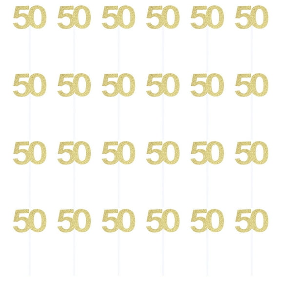 HOMOBABE Golden 50th Birthday Cake Toppers 24pcs Paper Picks Decorations for Party Celebration