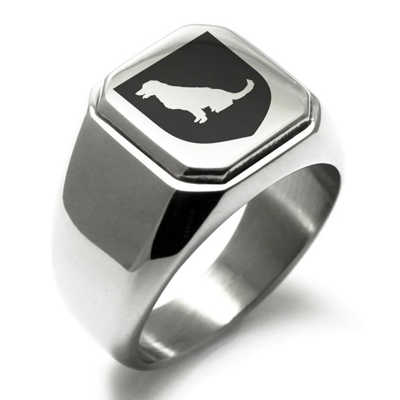 Stainless Steel Dog Loyalty Coat of Arms Shield Engraved Square Flat Top Biker Style Polished Signet Ring