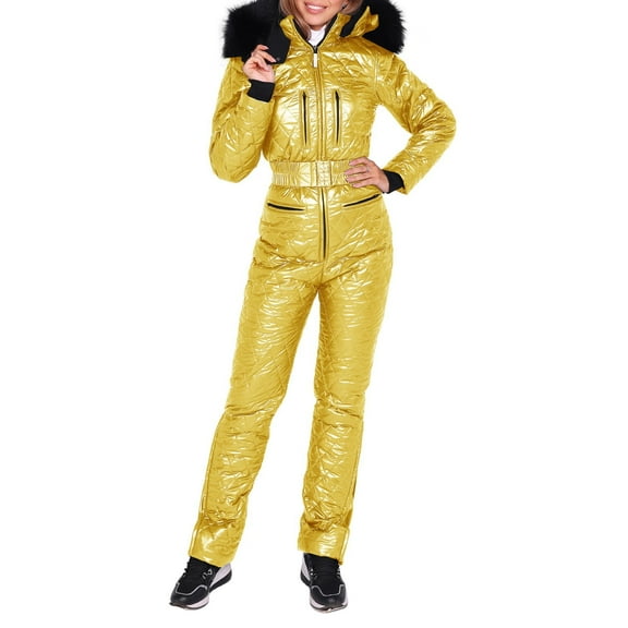 ZHOUCHANKIDS Glossy Winter Hooded Jumpsuits Park Padded Warm Sashes Ski Suit Straight Zipper Women Casual Tracksuits Yellow XL