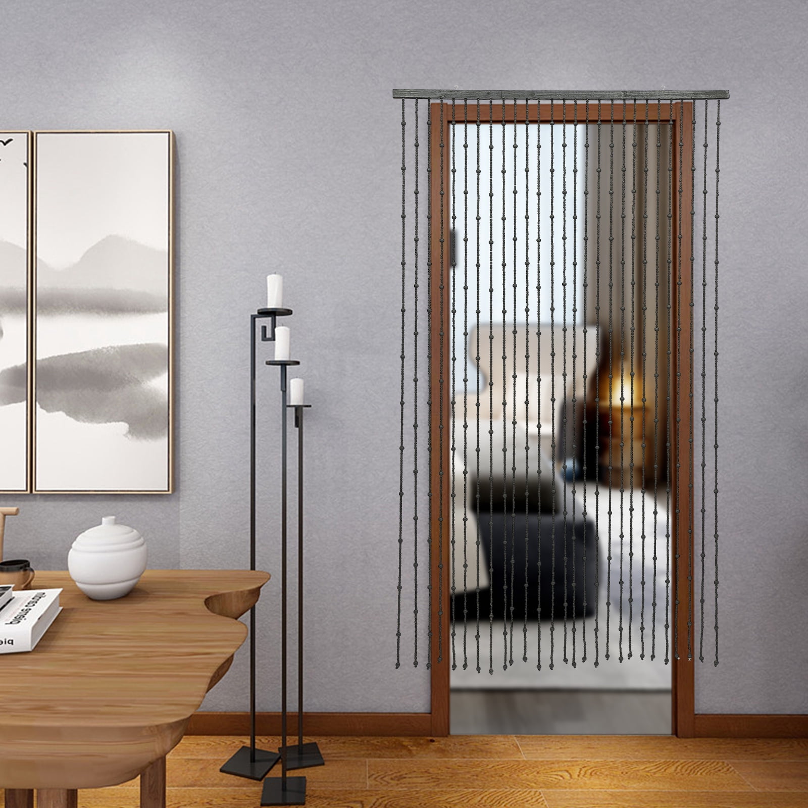 Wooden Beaded Curtain 35x71in Black Handmade Bamboo Door Curtain with 27 Strands & Cotton Thread