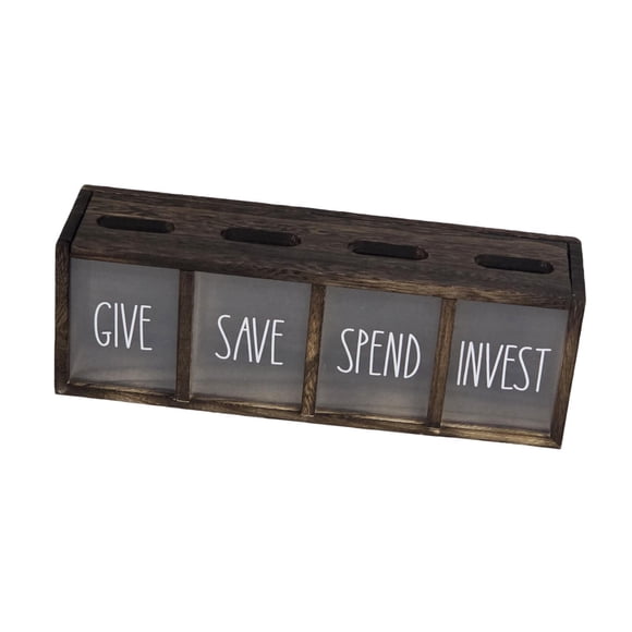 Hucha de madera para regalar, ahorrar, gastar e invertir dinero, hucha para niños, rústica, con 4 Marrón oscuro