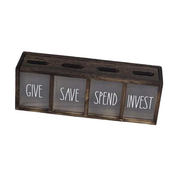 Hucha de madera para regalar, ahorrar, gastar e invertir dinero, hucha para niños, rústica, con 4 Marrón oscuro