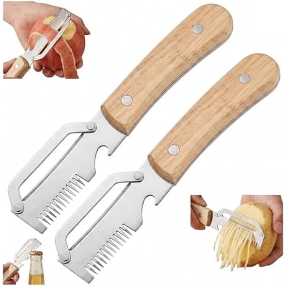 Multifunctional Vegetable Peeler, Stainless Steel Peeler with Wooden Handle, Hand Held Kitchen Peeler, 3 in 1 Julienne Fruit Veggie Peeler, Smooth-Running Sharp Peeler for Potato, Carrot, Apple-2PCS