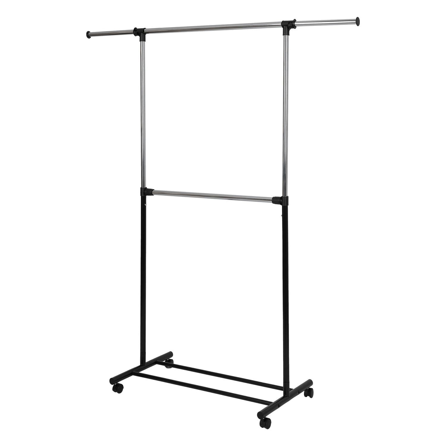 Mainstays 2 Tier Adjustable Garment Rack, Expandable Top Hanging Bar, Sturdy Structure and Easy Assemble, Smooth-rolling Wheels for Easy Mobility