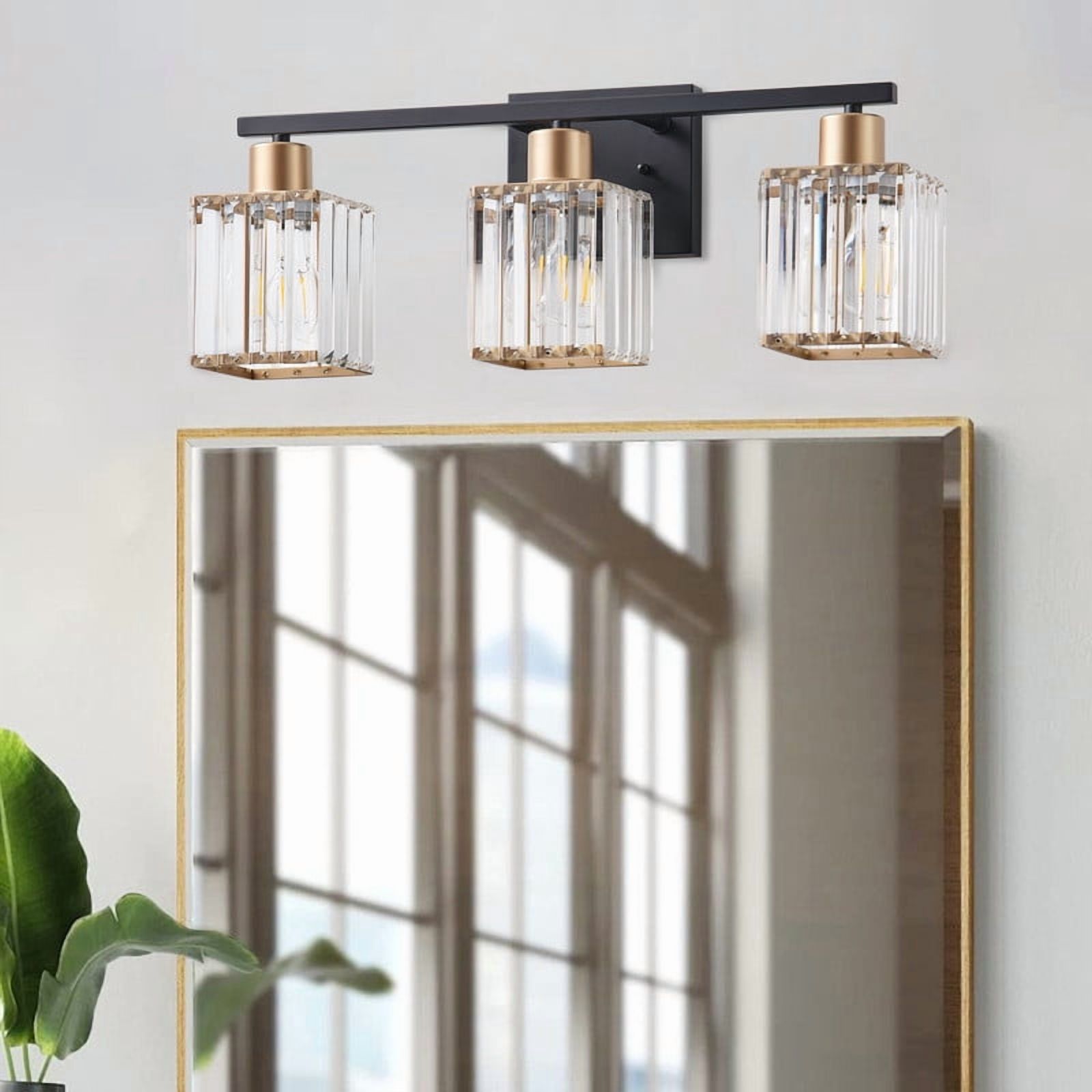 Aiwen 3-Light Vanity Lights, Crystal Glass Shades with Gold Accents, Modern Black Finish Light Fixture for Living Room, Bathroom & Hallway