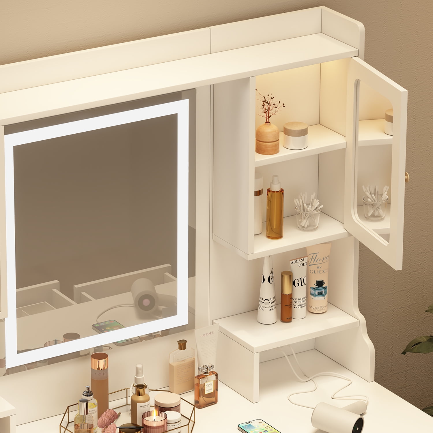 Veryke Large Makeup Vanity Desk with Power Outl, Modern Vanity Set with Mirror and LED Lights for Bedroom, White&Gold