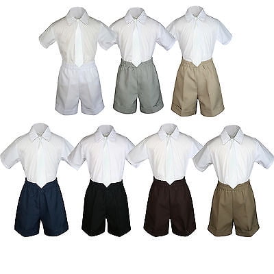 

3pc Set BoyToddler Formal Party Ivory Necktie White Navy Black Khaki Shorts S-4T