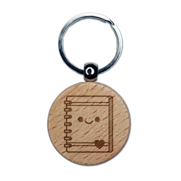 Kawaii Notebook Diary Agenda Teacher School Round Keychain Charm Tag - Engraved Wood