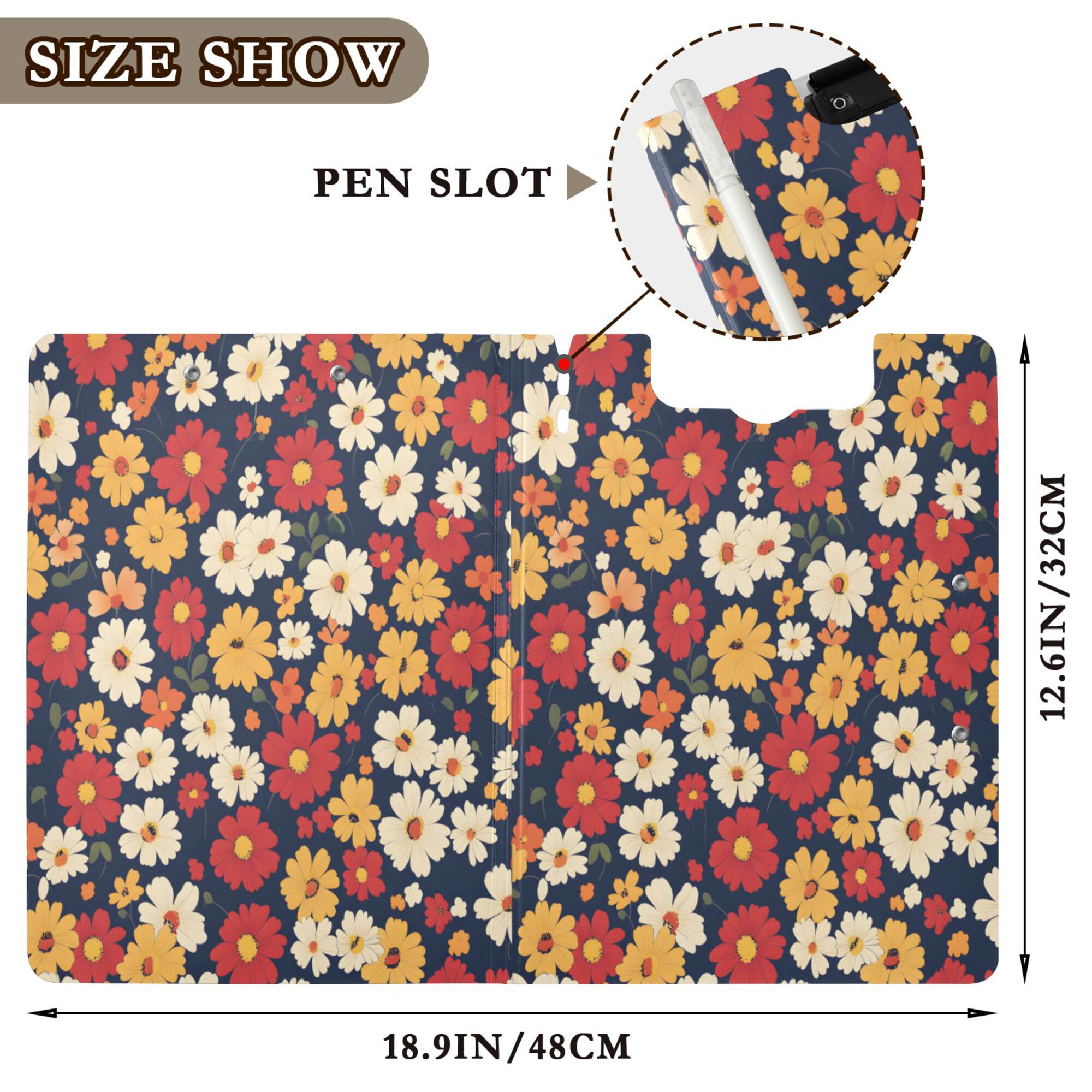 FORMRS A4 Clipboard Folder with Pen Holder Horizontal Foldable School Office Binder, Red Floral