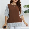 thumbnail image 2 of Top de verano para mujer Tallas grandes Cuello redondo Manga corta a rayas enrolladas Dobladillo a rayas Top 2 en 1 Marrón XL, 2 of 8