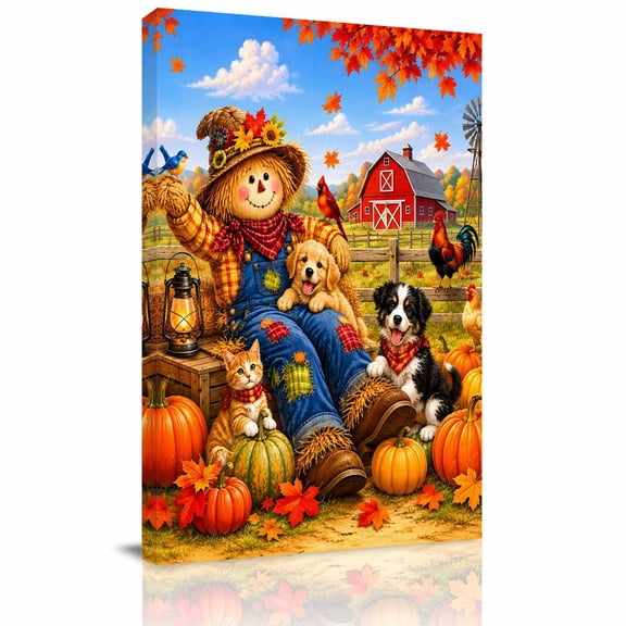 Canvas Wall Art, Fall Framed Canvas Prints for Living Room Office, Thanksgiving Harvest Country Pumpkins Maple Leaves Gallery Wrapped Wall Decor for Home Office, Gifts, 24"x32" Ship Next Day