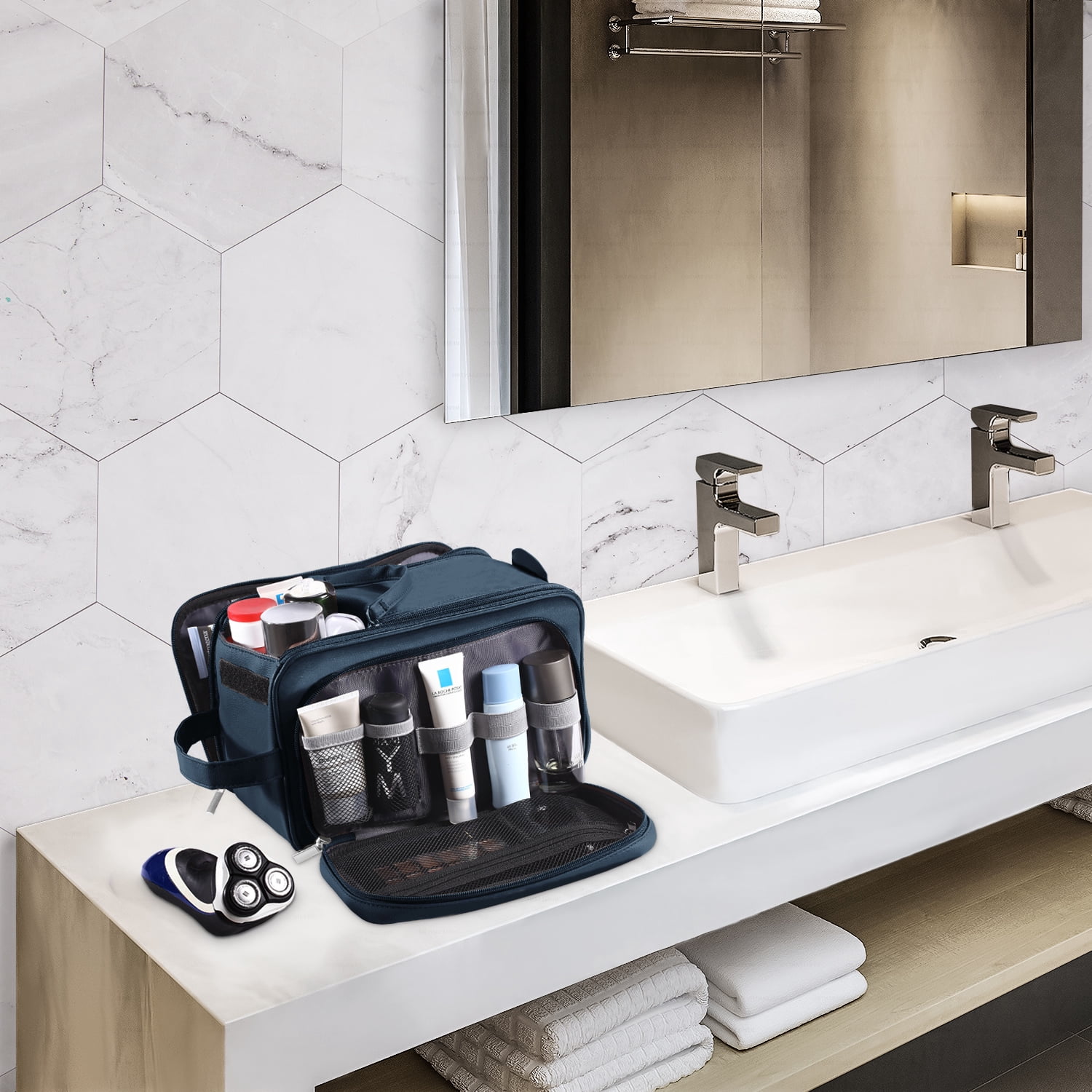 Large Capacity Toiletry Bag for Men, Leather Hanging Toiletry Organizer Cosmetics Makeup Bag, Blue