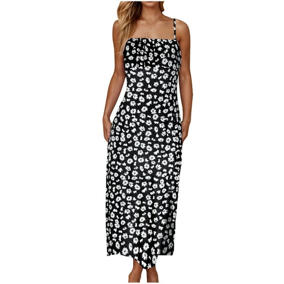 Summer Dresses for Women 2025 Flower Printed Casual Spaghetti Strap Side Slit Long Dress A-Line Flowy Party Beach Fashion Sundress
