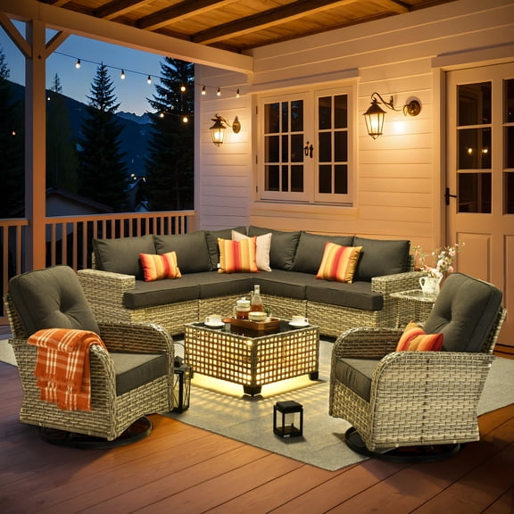 XIZZI 9-Piece Outdoor Patio Sectional Furniture Sets, Wicker Patio furniture with Coffee Table and Swivel Chairs, Rattan Outdoor Conversation Set for Balcony, Porch, Backyard, Black