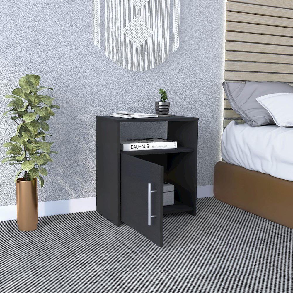 HomeRoots 23 in. Faux Wood Nightstand with Storage, Black