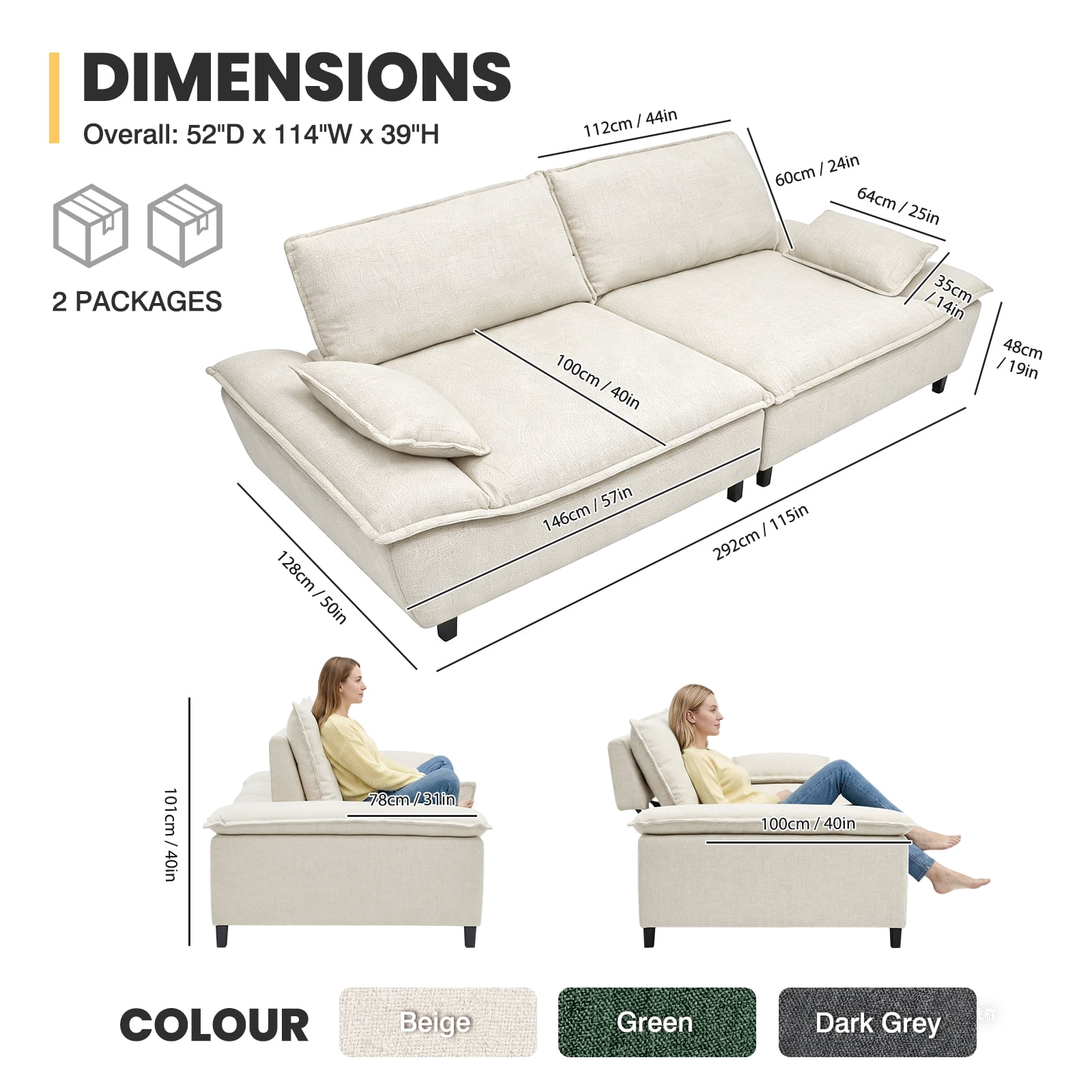Advwin 114" Oversized Sectional Sofa, Luxury Sailboat Cloud Couch with Adjustable Backrest, Extra Deep Lounge Seating & Wide Arms for Modern Living Room, Beige