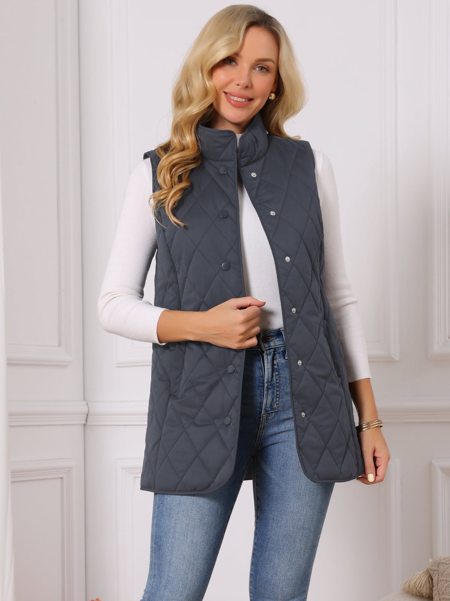 DARING DIVA Women's Stand Collar Sleeveless Puffy Jacket Lightweight Gilet M Dark Blue