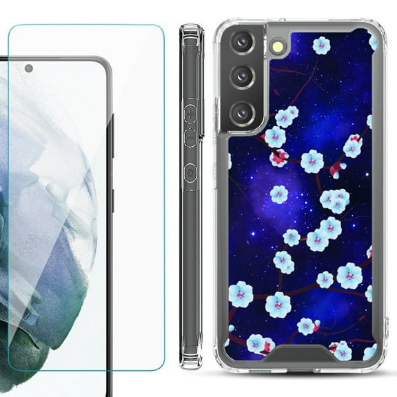 Shockproof Bumper Phone Case for Samsung Galaxy S22 5G, with Tempered Glass Screen Protector, by OneToughShield Ā® - Blossom Stars