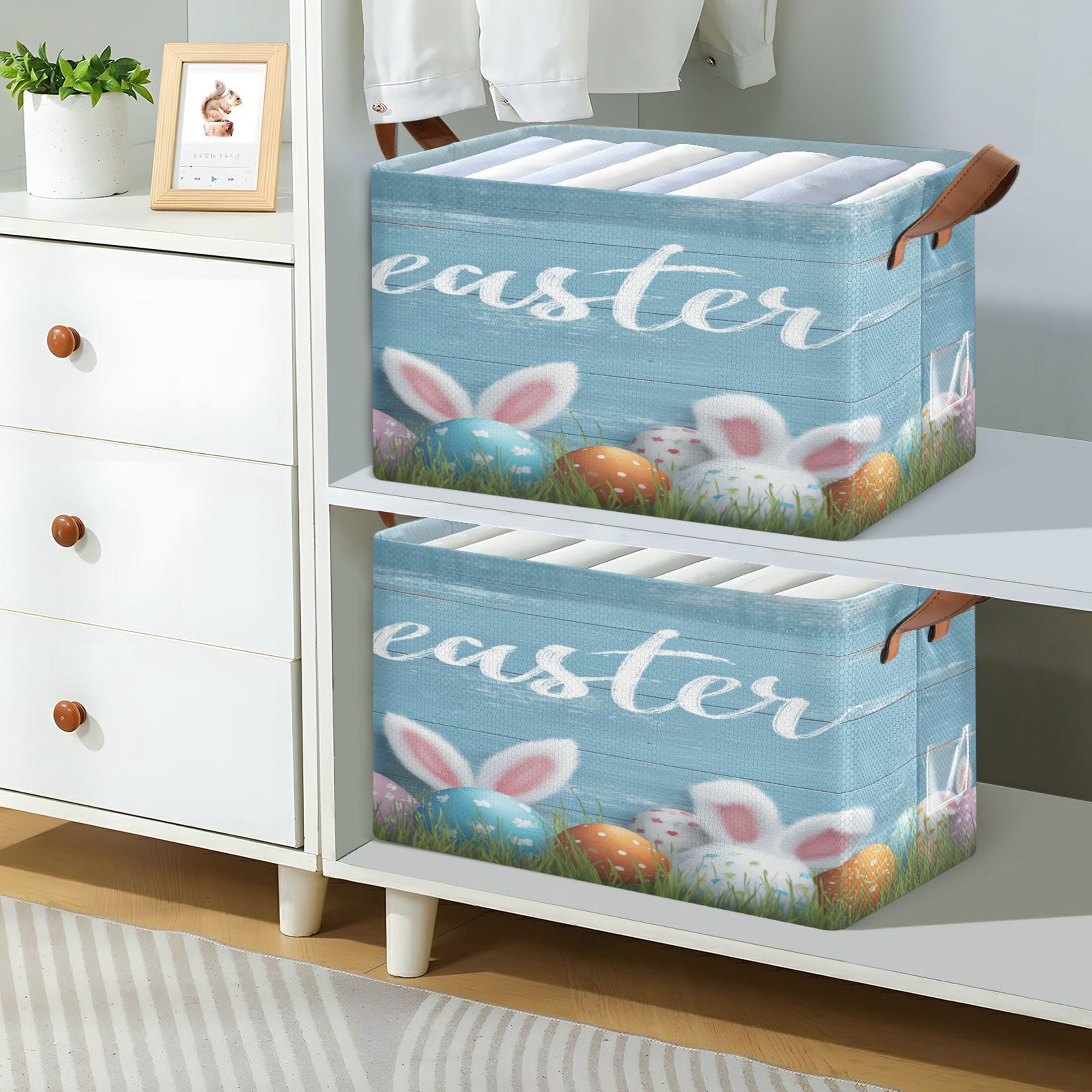 WobogoBunny Ear Easter Egg Storage Basket 16.9×11.4×10in Collapsible Oversized with Metal Iron Frame