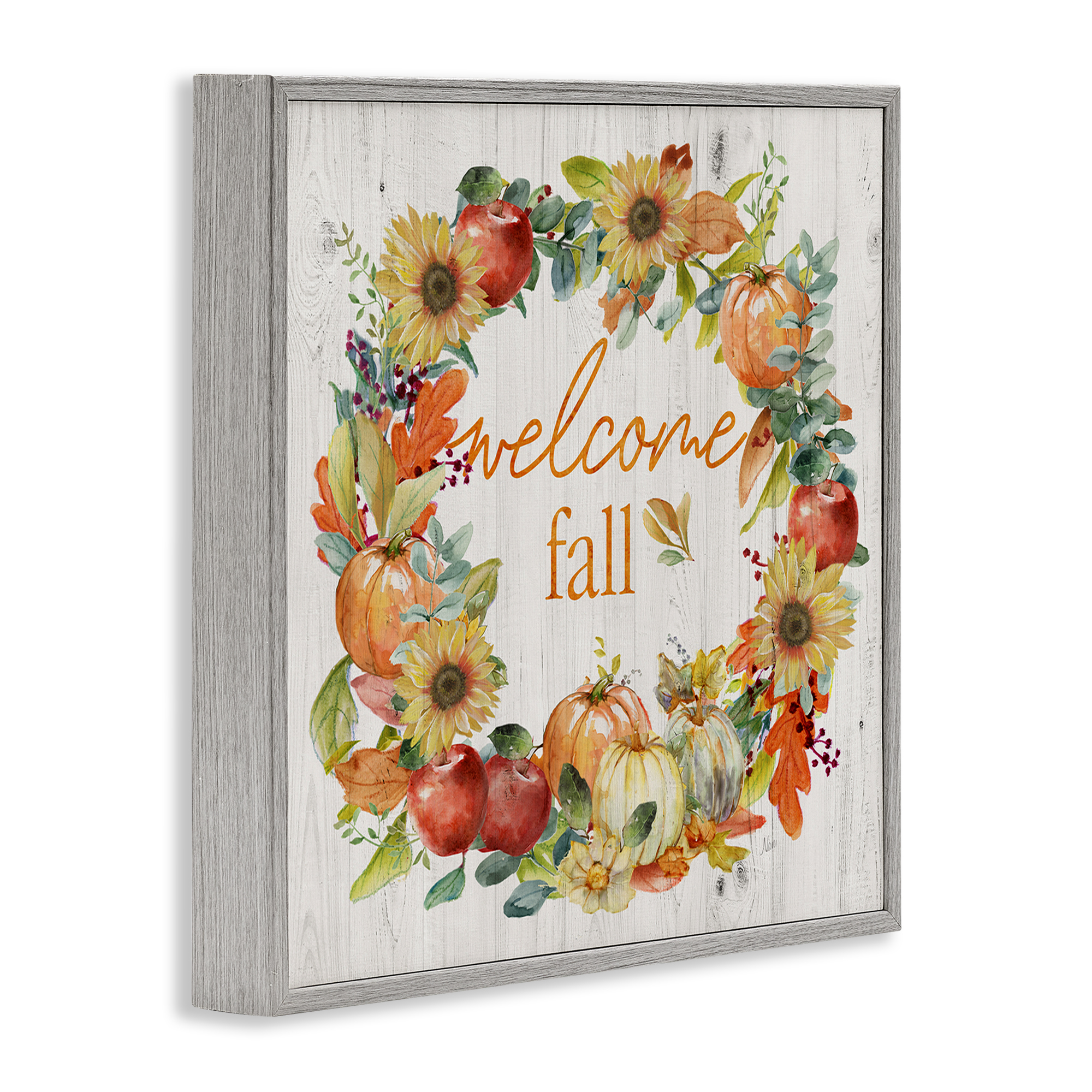Stupell Industries Welcome Fall Pumpkin Wreath Botanical & Floral Painting Gray Framed Art Prints Wall Art, 12 x 12