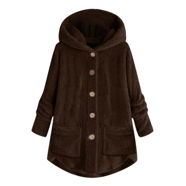 WEIYLL Womens Fleece Jacket Plus Size Button Plush Hooded Loose Cardigan Wool Coffee Fall Clothes Size 2XL