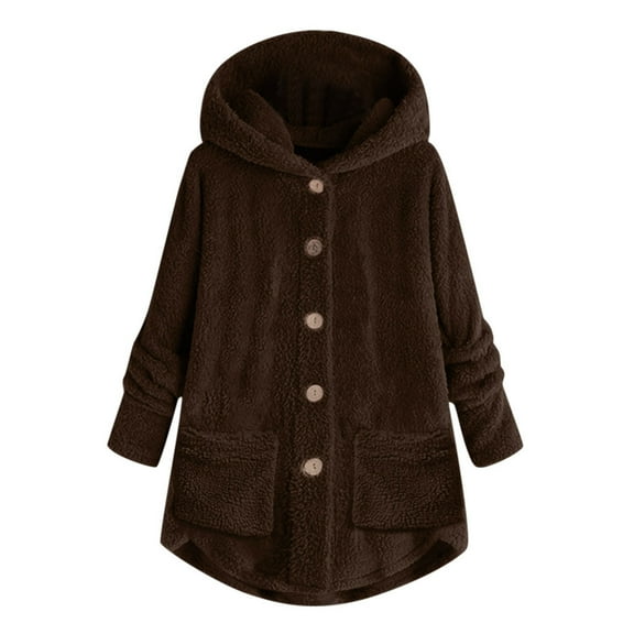 Edvintorg Plus Size Coats Jackets For Woman Clearance Women's Button Plush Tops Hooded Loose Cardigan Wool Coat Winter Jackets For Women Coffee Xxxxxl