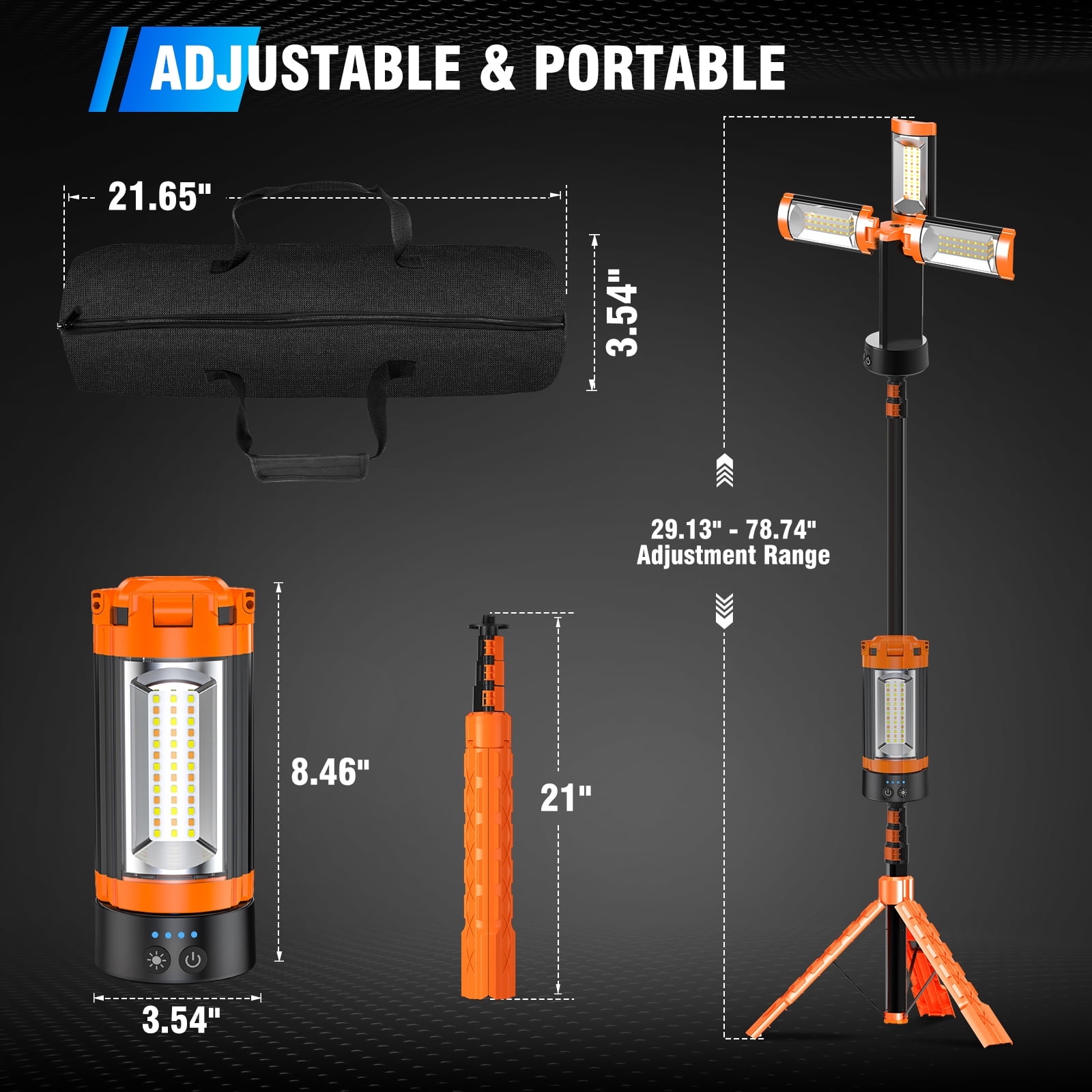 DIMGOGO Camping Light with Stand, 12000mAh Rechargeable Work Light, 10000 Lumen Dimmable Cordless Work Light with 3 LED Lamp Heads, Magnetic Emergency Flashlight with 79" Detachable Tripod