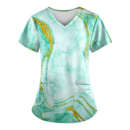 

Kddylitq Scrubs Tops Women 1Xl Marble Print with Pockets V Neck Scrubs Short Sleeve Print Scrub Tops with Pockets for Women Yellow S