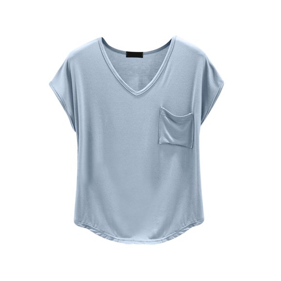 CIENVNSTG Women's V Neck Solid Color Short Sleeve T Shirt with Chest Pocket Loose Fit Casual Summer Comfy Breathable Basic Tees Tunic Clothes Enhanced by Pockets for Storage Needs Light Blue M