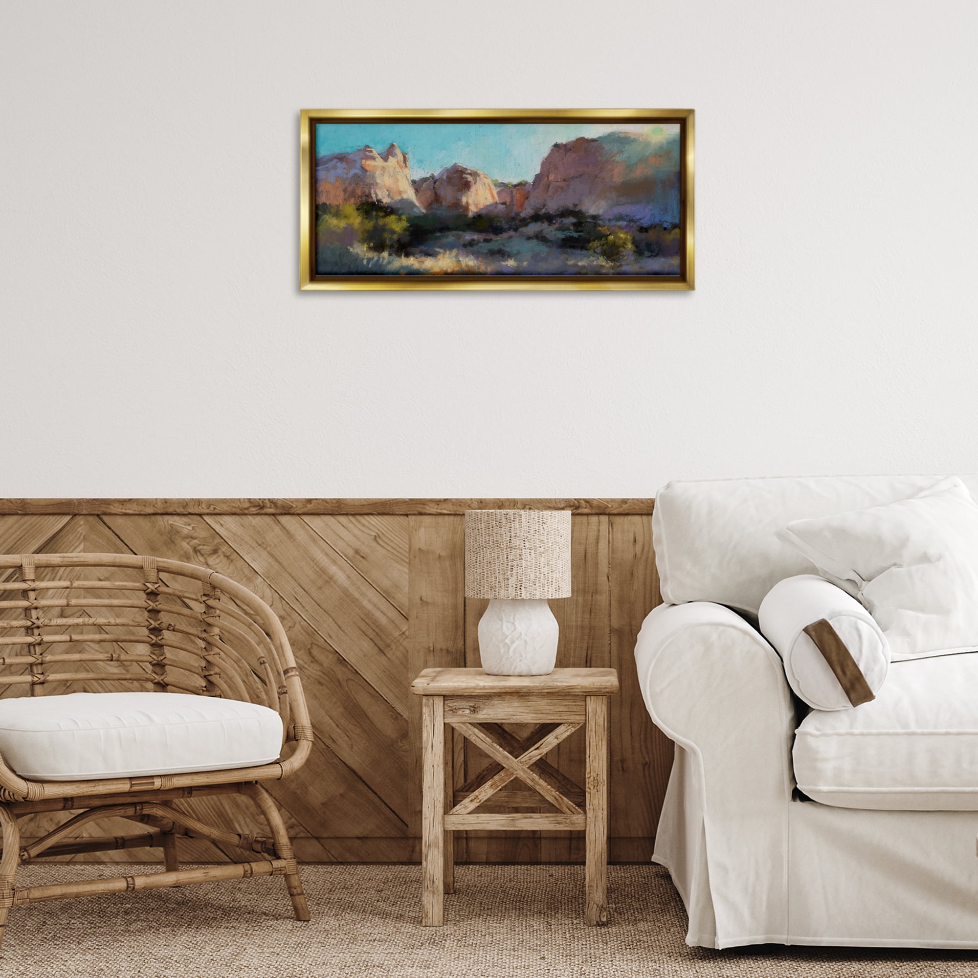 Stupell Industries Desert Cliffs Valley Landscape & Nature Painting Gold Floater Framed Canvas Art Print Wall Art, 25 x 11