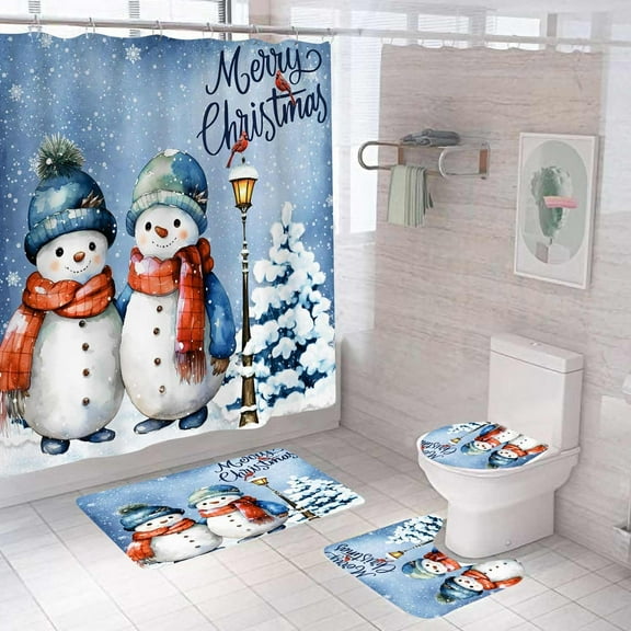 4PCS Merry Christmas Snowman Shower Curtain Sets With Rugs, Waterproof Fabric Blue and White Shower Curtain, Watercolor Xmas Tree Cardinal Bird Snowflake Winter Holiday New Year Bathroom Decor