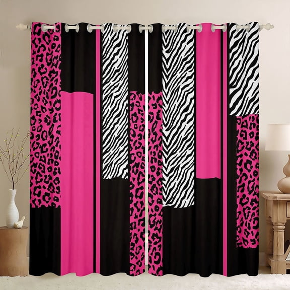 Homewish Geometric Striped Black Out Curtains,Leopard Print Zebra Lines Curtains Pack of 2 (42x63 Each),Pink White Black Bedroom Curtains For Girls Kids,Luxury Bedroom Decor