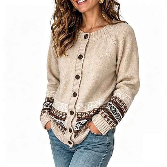 JUUNthy Womens Cardigan Sweater, Vintage Pattern Button Down Long Sleeve 2026 Fashion Casual Knit Outerwear Khaki M