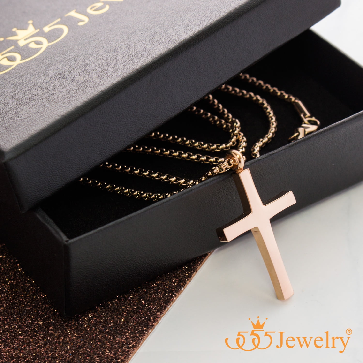 555Jewelery Stainless Steel Metal Cross Unisex Adjustable Rolo Chain Religious Christian Pendant Necklace, Pink Rose Gold 16 inch