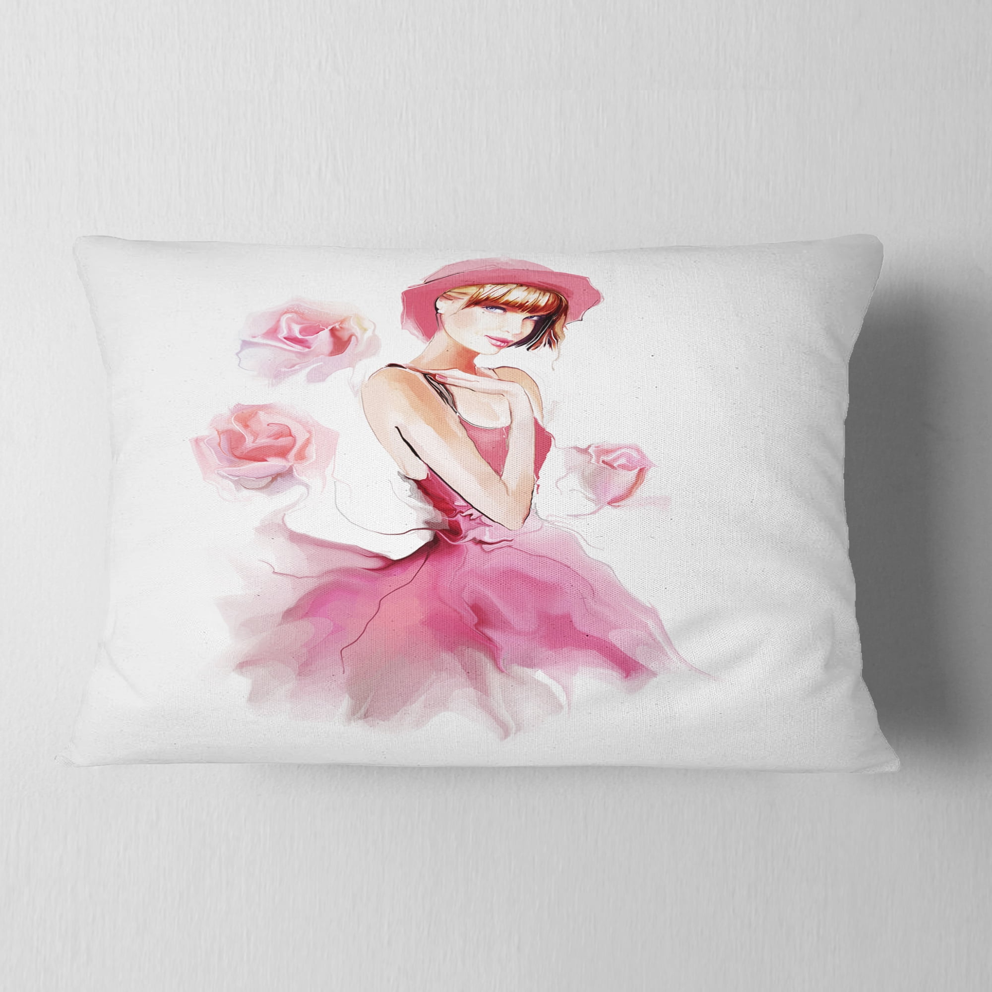 Designart Woman in Pink Dress and Hat - Digital Art Portrait Throw Pillow - 12x20