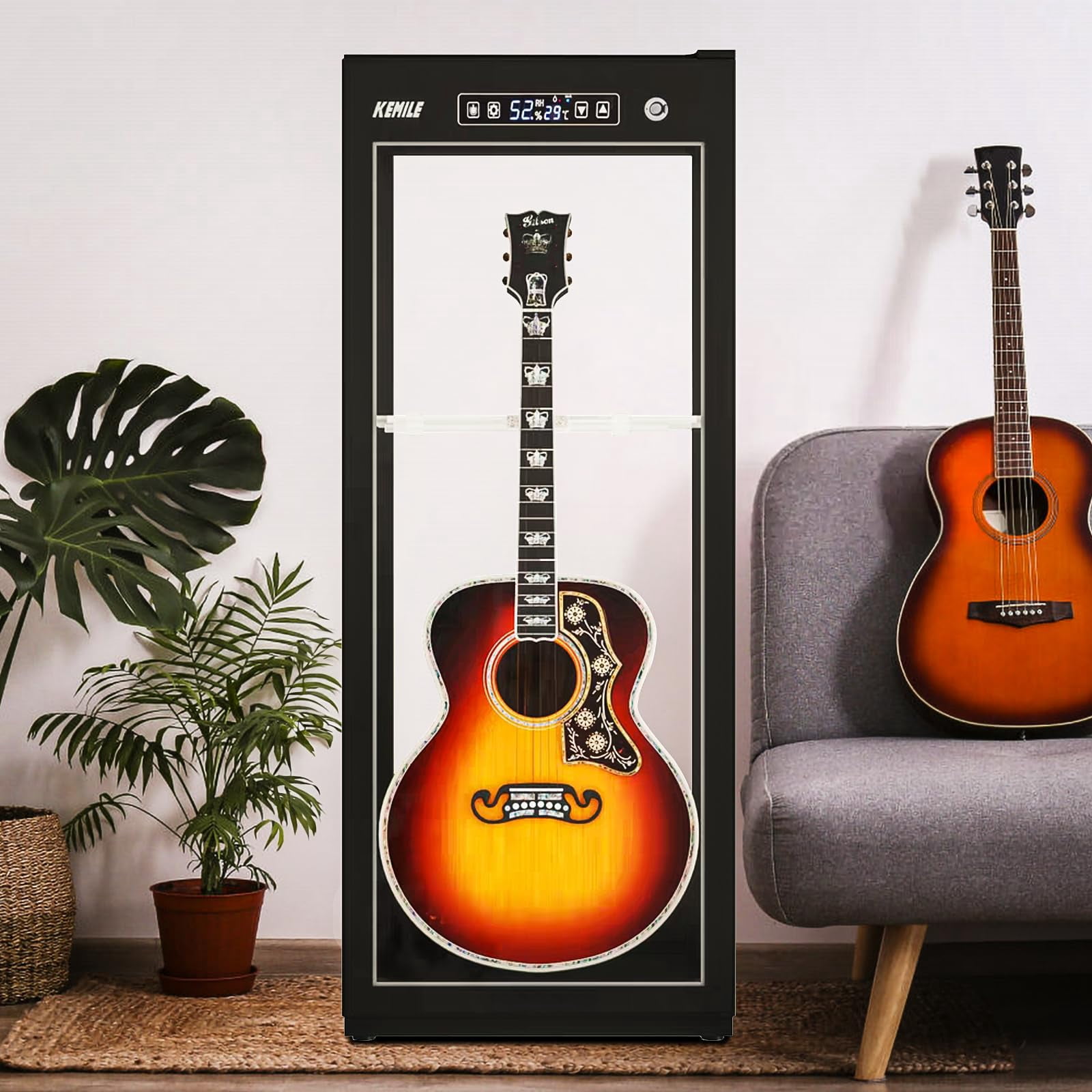 Chehery Guitar Display Case with Humidification, Constant Temperature, Fingerprint Lock, Holds 3 Acoustic/4 Electric Guitars, 4‑Sided Glass Cabinet
