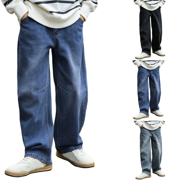 Bixock Jeans for Boys High Waist Straight Leg Denim Pants with Pockets Kids Solid Color Loose Casual Wide Leg Leg Comfortable Daily Wear Girls Clothings Size 12-13Years