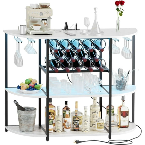 Shahoo Wine Bar Cabinet with Rack, Power Outlets, LED Lights, Shelves for Liquor and Glasses for Home Kitchen, White