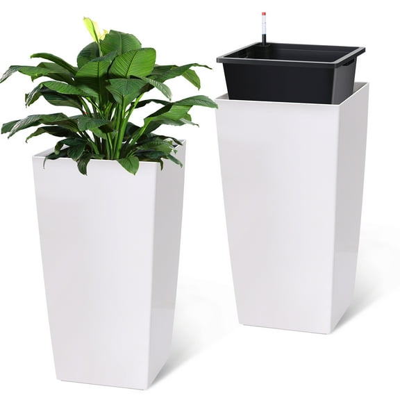 22"/30" Tall Planters Set of 2, Outdoor＆Indoor Black Planter Pots, High Front Porch Planter Pots with Drainage Holes＆Water Level Monitor＆Inner Bucket, Automatic Watering