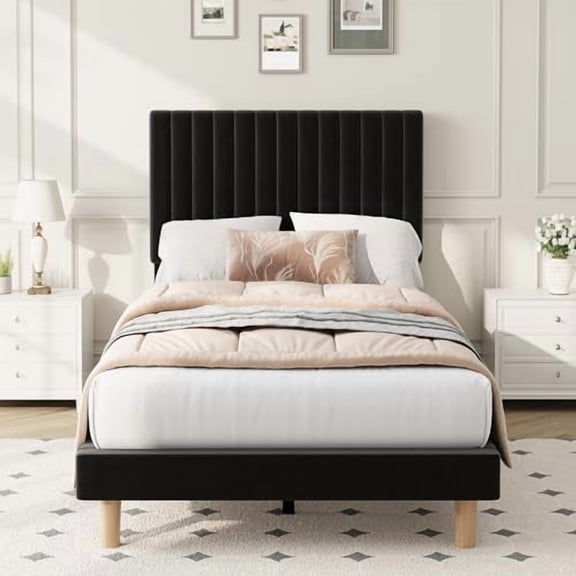 Velvet Upholstered Twin Platform Bed Frame with Adjustable Headboard