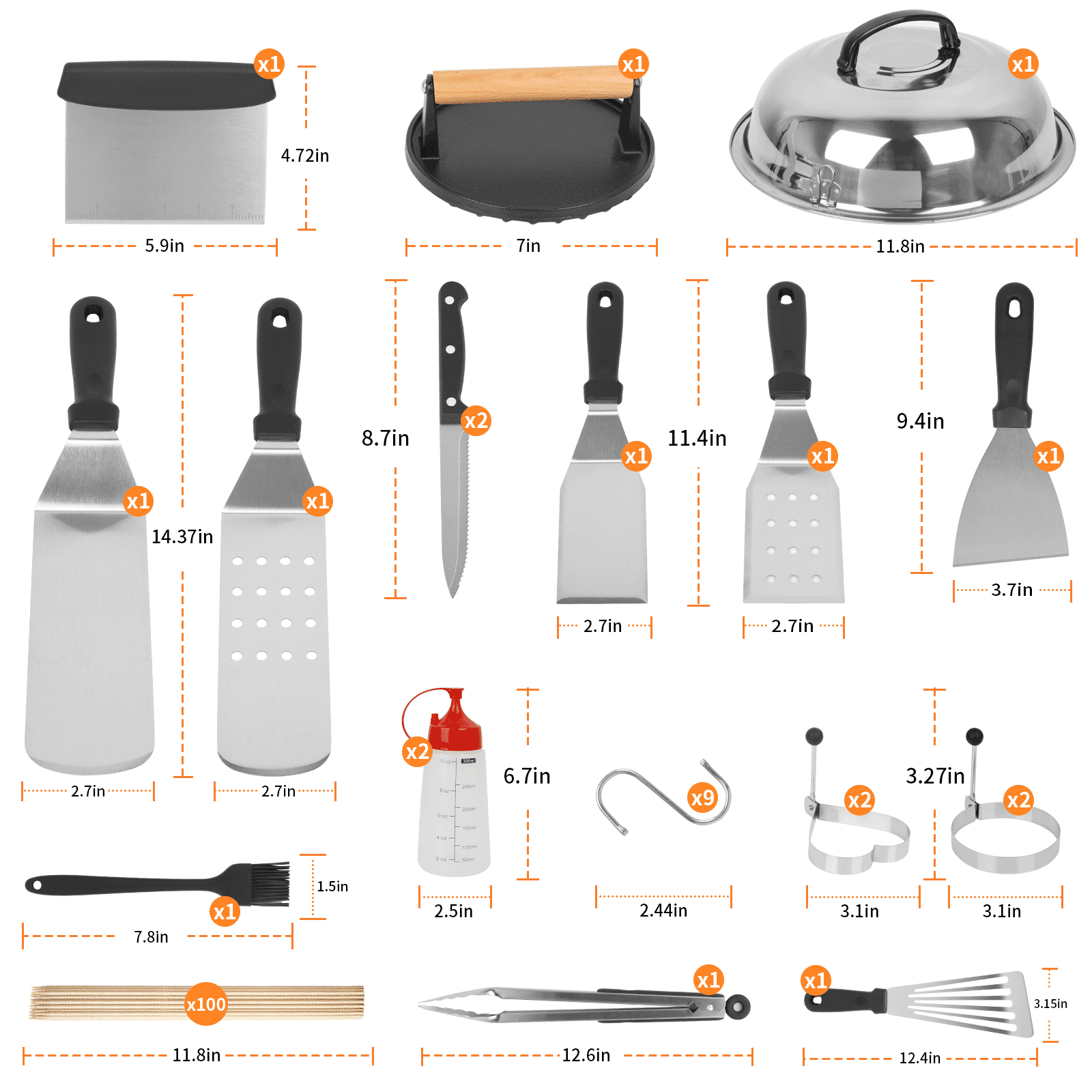 Ocalpur  Griddle Accessories Kit, 130 PCS Stainless Steel Griddle Accessories Set for Blackstone, Professional Grill BBQ Spatula Set for Outdoor Camping