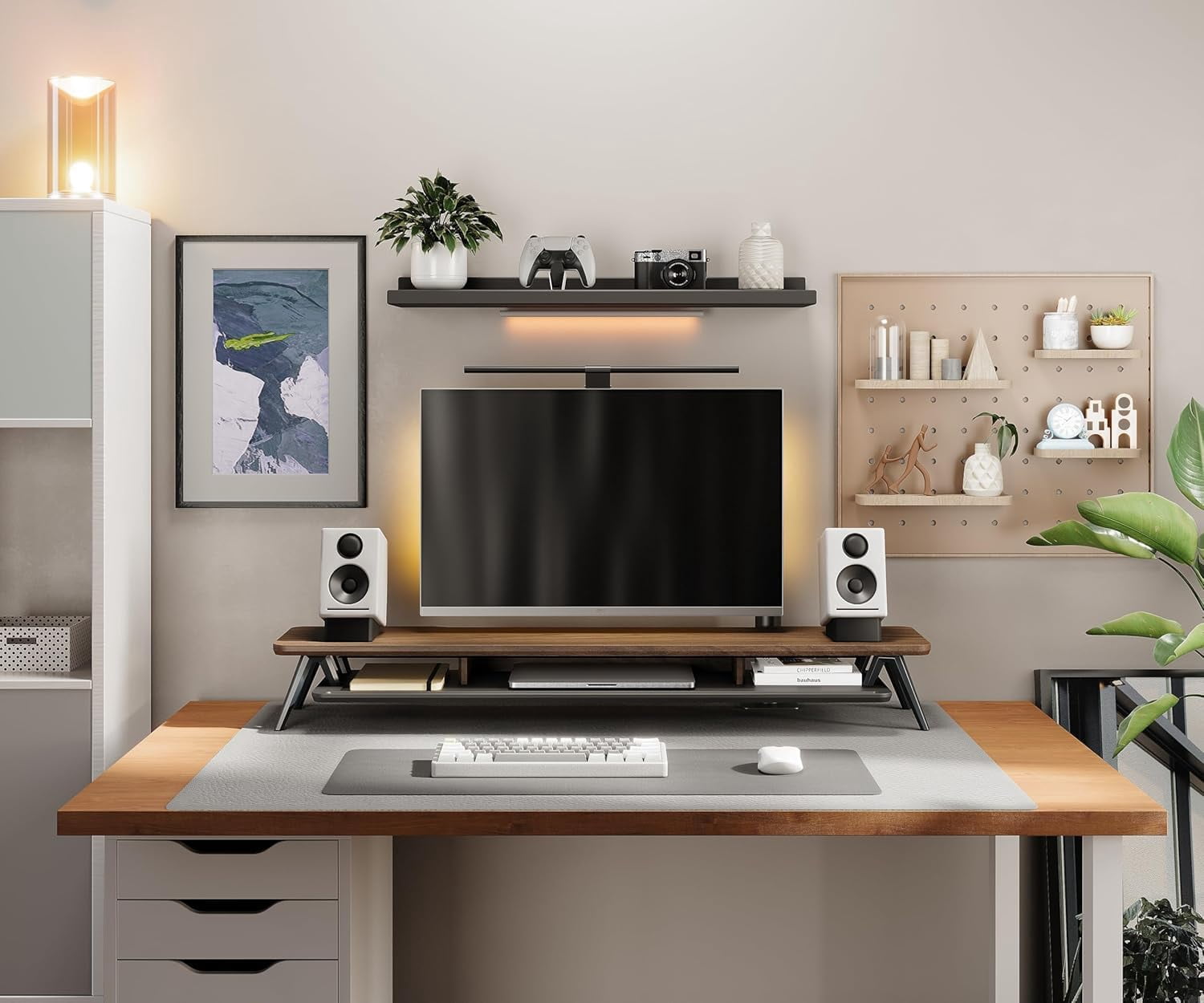 Dual Monitor Stand, Monitor Stands Riser for 2 monitors, 42.5 Inch Wood Desk Shelf with Storage Organizer and Cable Management for Office Desk Accessories