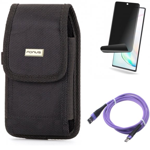 Privacy Screen Protector & Case Belt Clip & 10ft USB Cable for Samsung Galaxy Note 20 (6.7") - Combo with TPU Film Anti-Peep & Swivel Holster & Purple Type-C