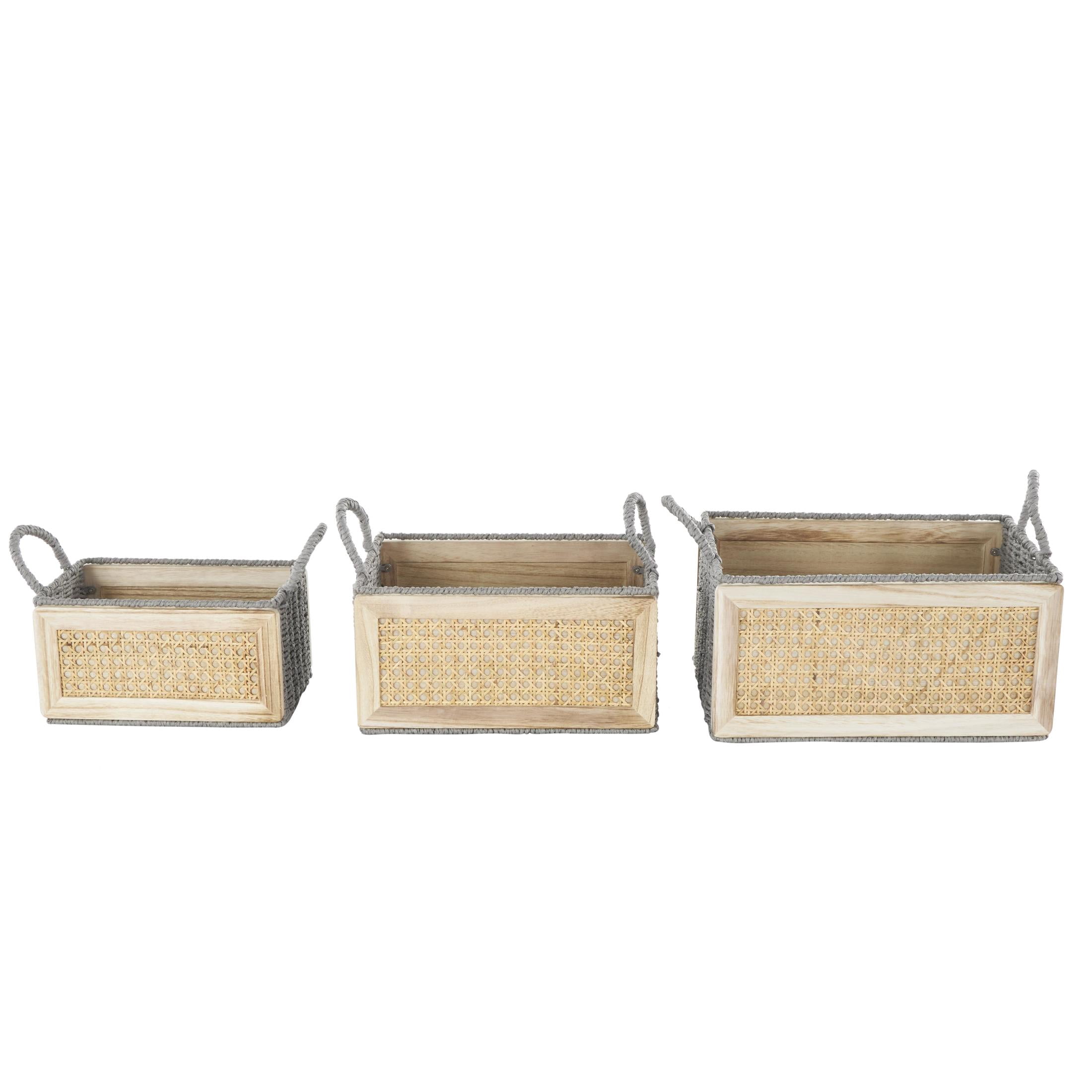 DecMode 14, 13, 10"W Brown Rattan Woven Storage Basket with Rope Handles, 3-Pieces